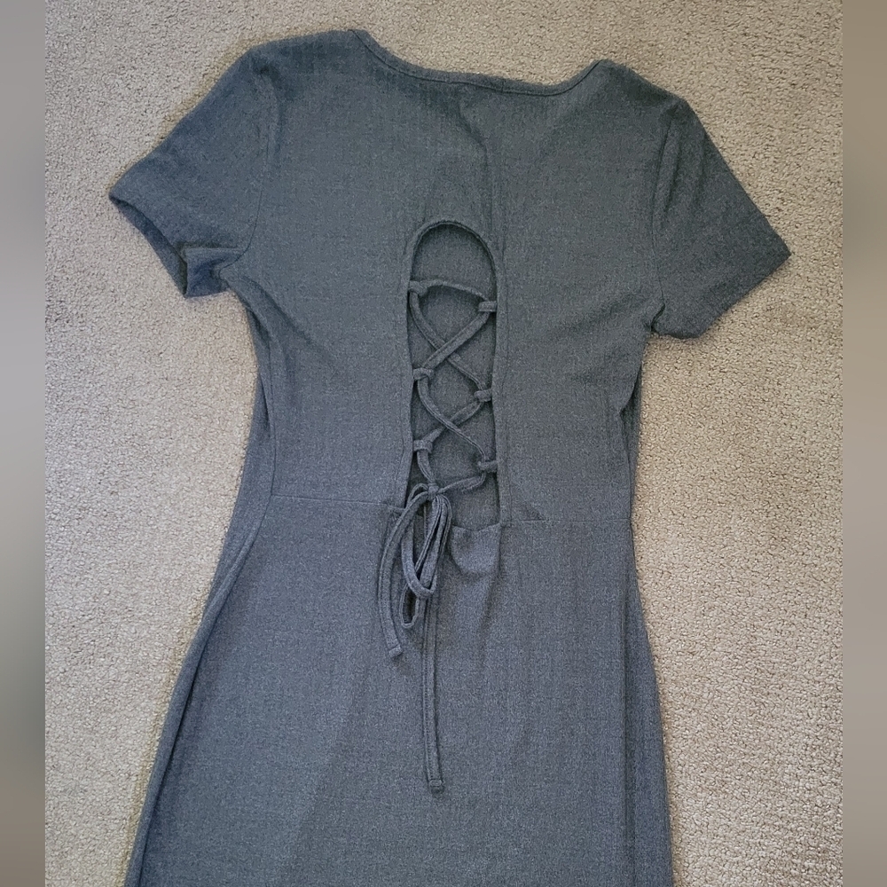 Hearts Collective Grey Ribbed Knit Lace Up Back Casual Dress - Picture 8 of 8